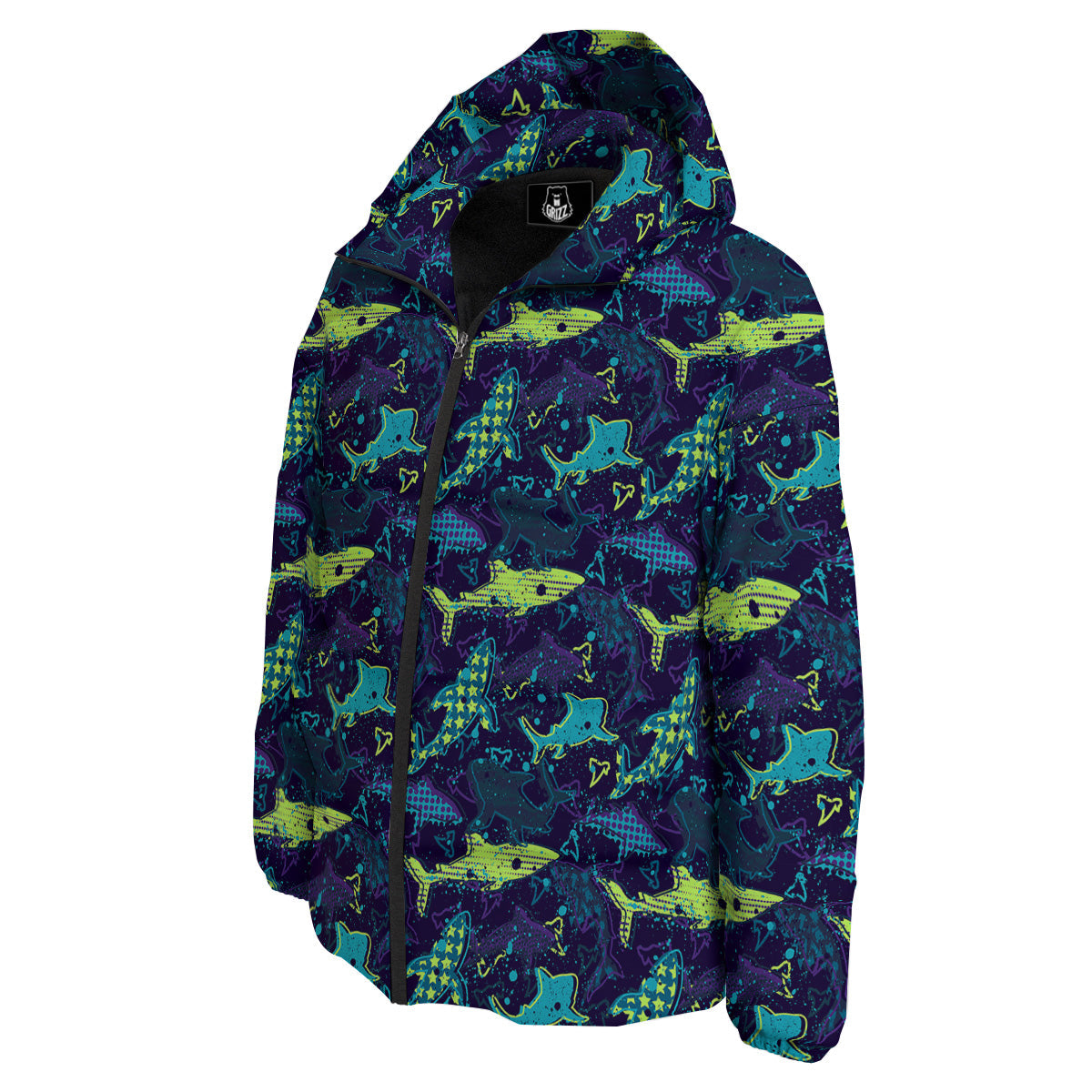 Abstract Shark Print Pattern Down Jacket-grizzshop