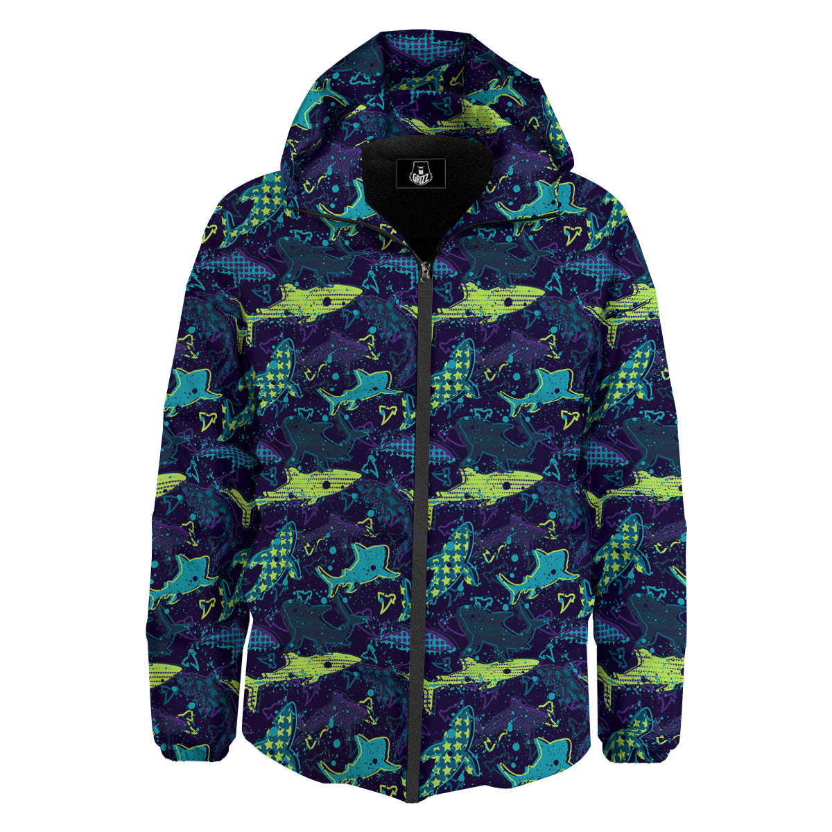 Abstract Shark Print Pattern Down Jacket-grizzshop