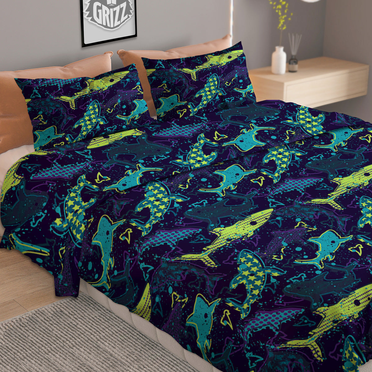 Abstract Shark Print Pattern Duvet Cover Bedding Set