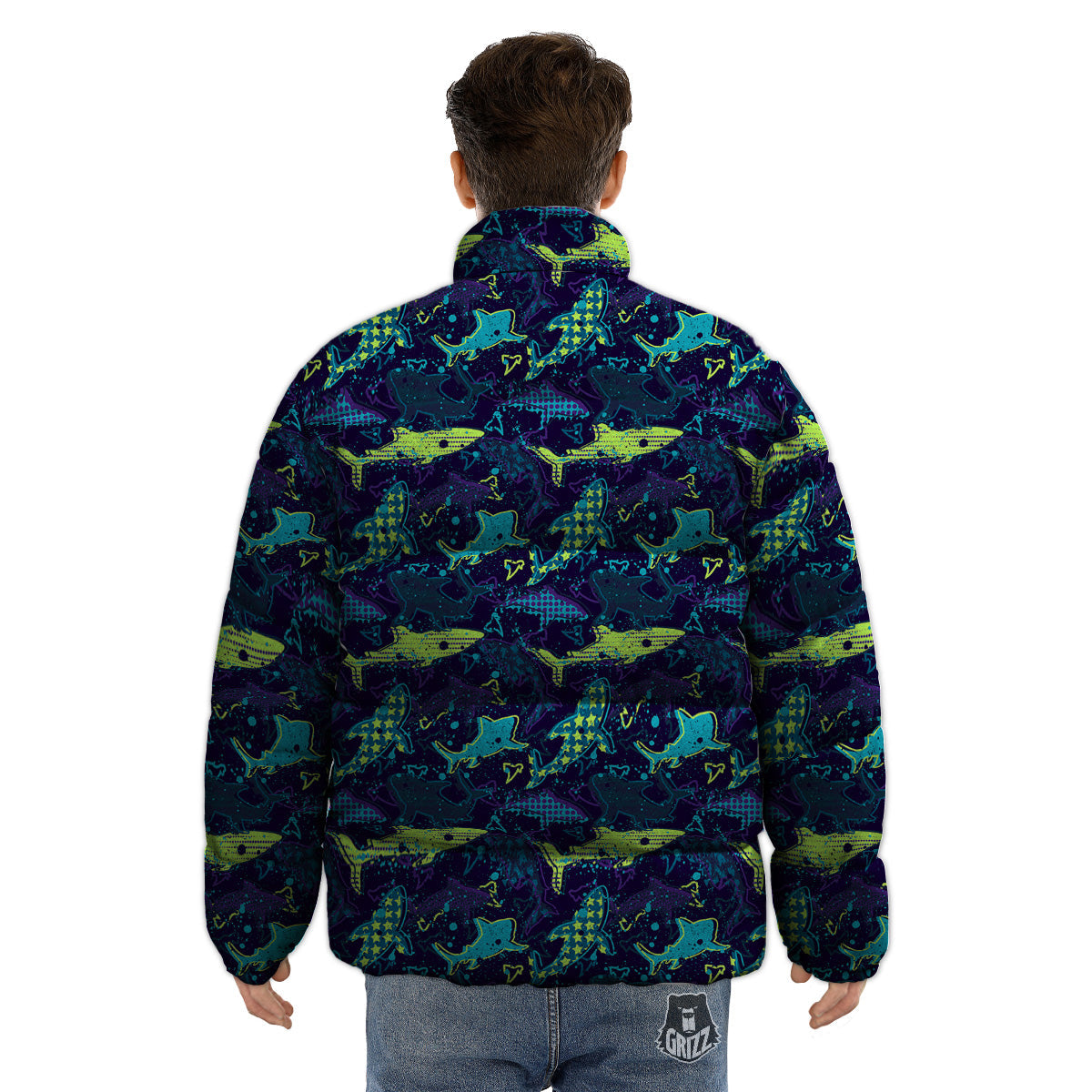 Abstract Shark Print Pattern Puffer Jacket-grizzshop