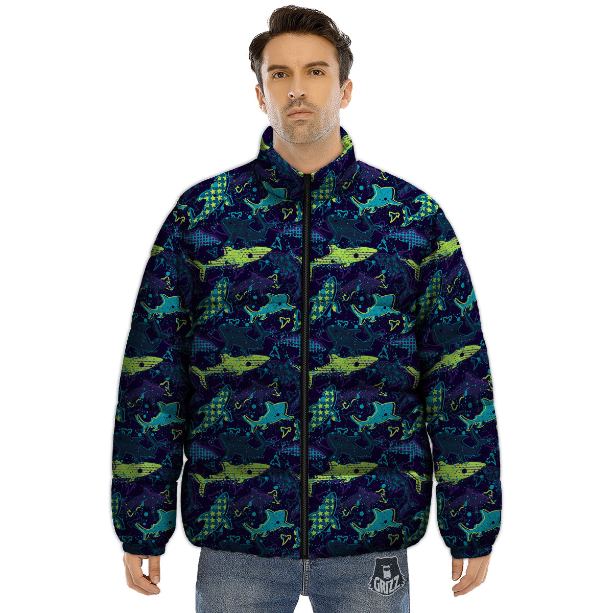 Abstract Shark Print Pattern Puffer Jacket-grizzshop