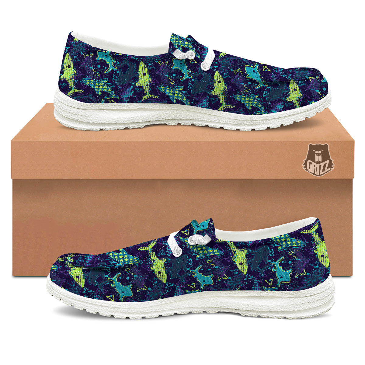 Abstract Shark Print Pattern White Loafers-grizzshop