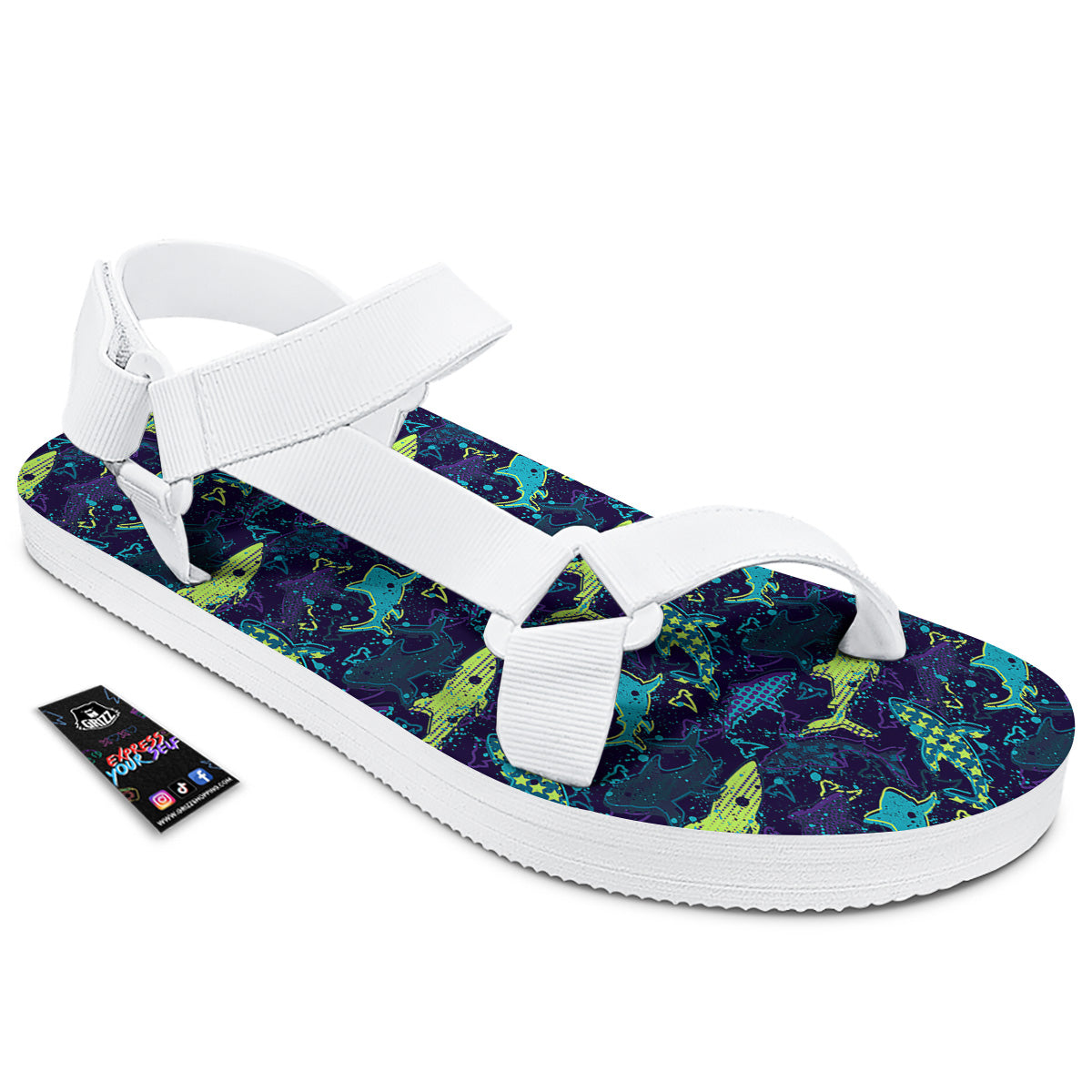 Abstract Shark Print Pattern White Open Toe Sandals-grizzshop