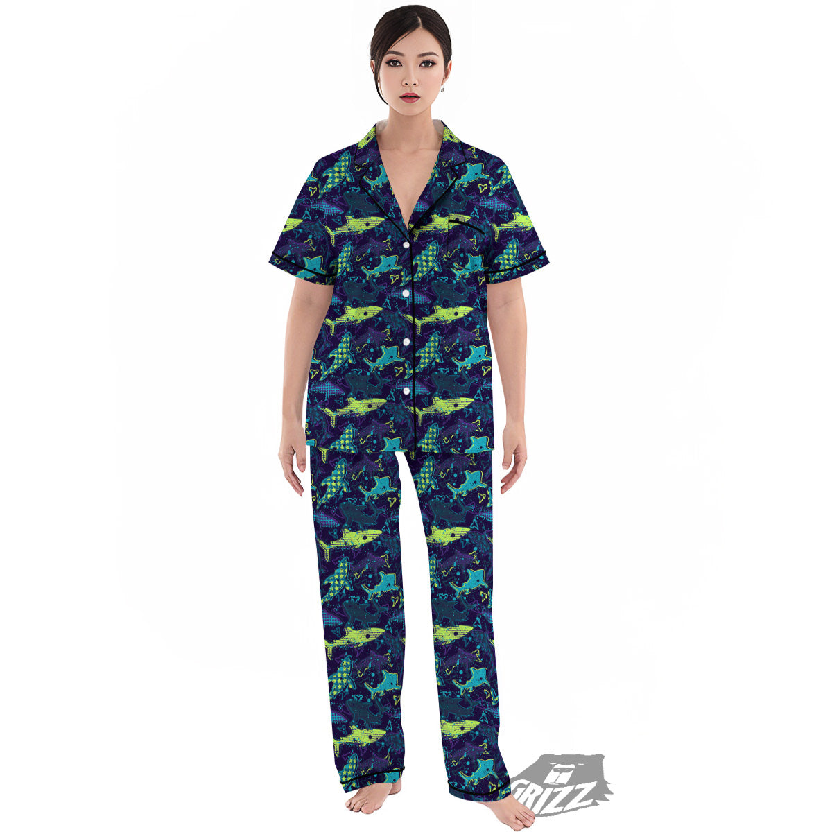 Abstract Shark Print Pattern Women's Pajamas Set-grizzshop