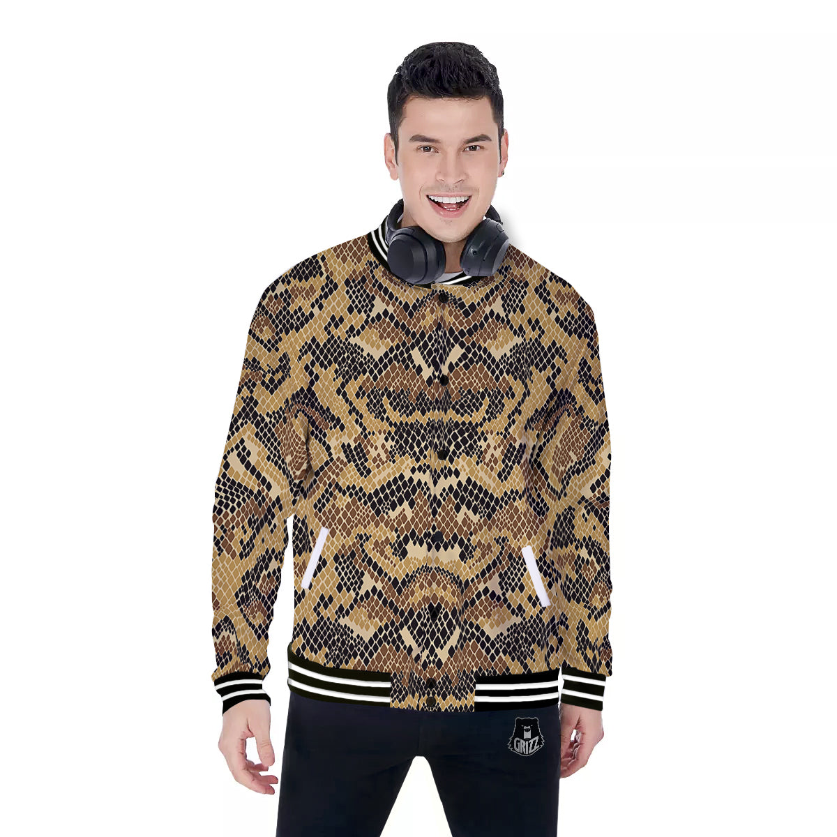 Abstract Snake Skin Print Baseball Jacket-grizzshop