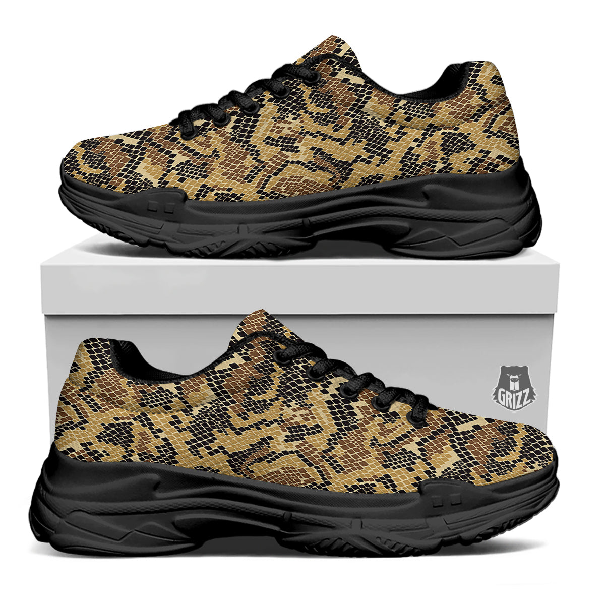 Abstract Snake Skin Print Black Chunky Shoes-grizzshop