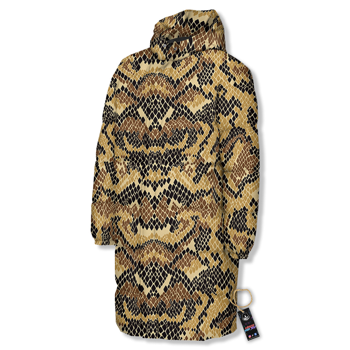Abstract Snake Skin Print Long Down Jacket-grizzshop
