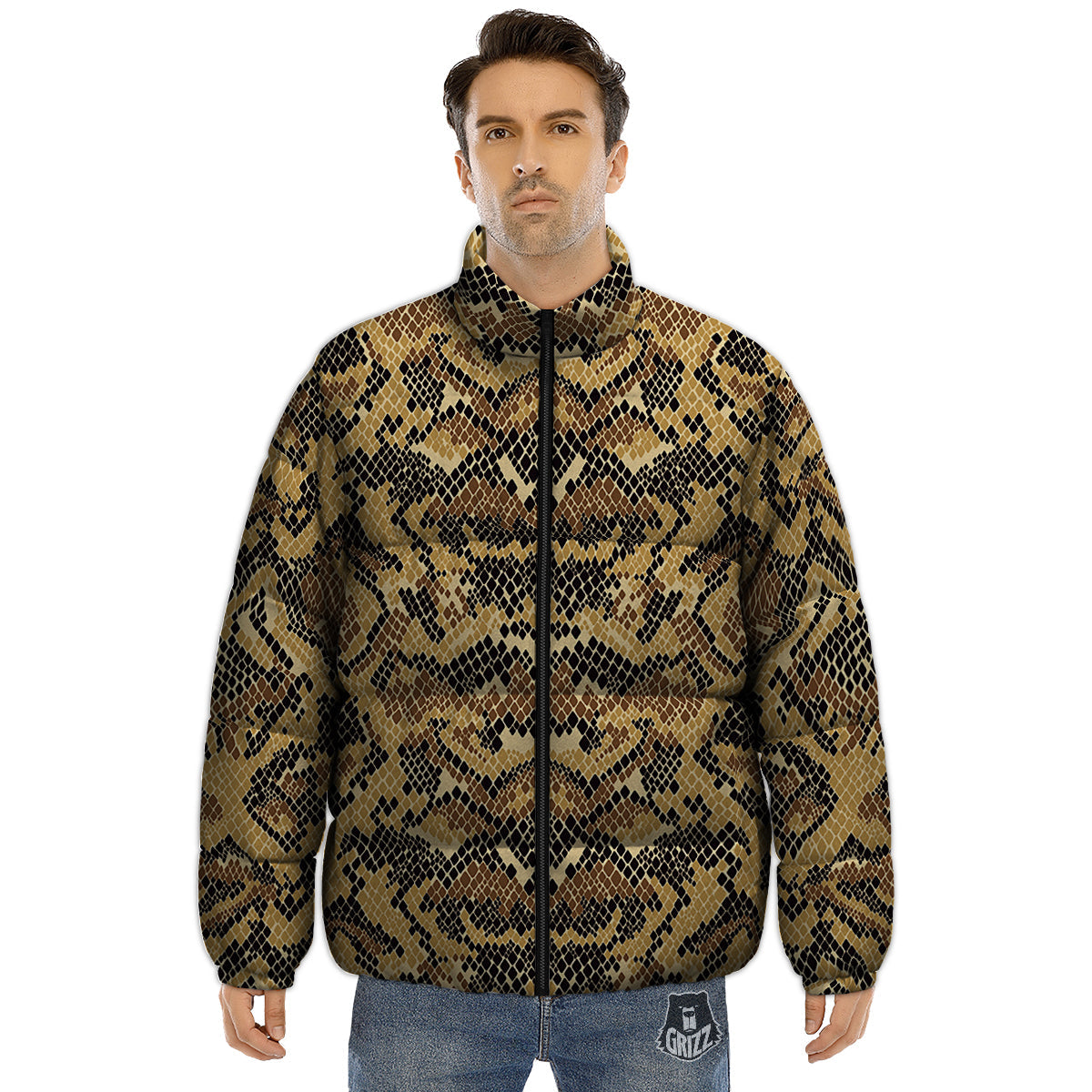 Abstract Snake Skin Print Puffer Jacket-grizzshop