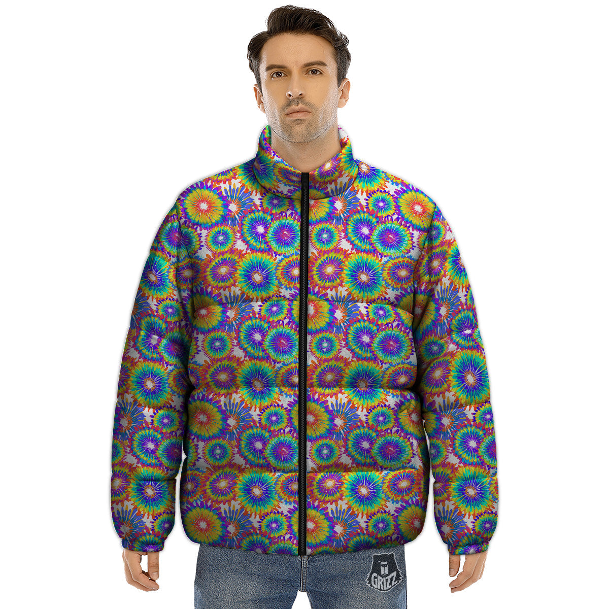 Abstract Sunflower Colorful Print Pattern Puffer Jacket-grizzshop