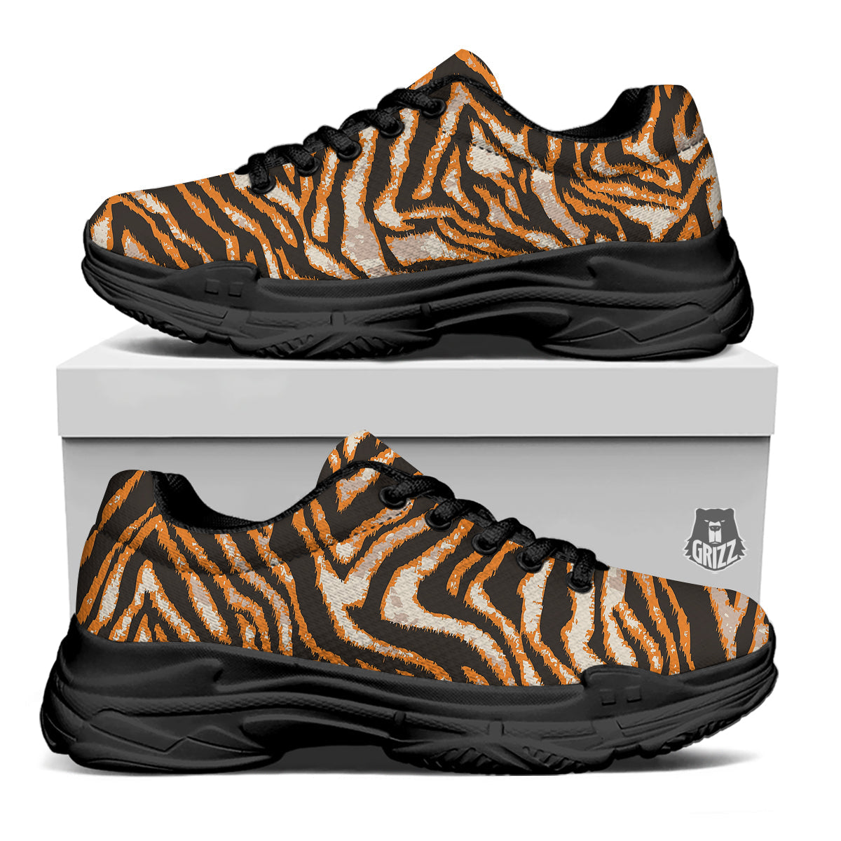 Abstract Tiger Skin Grunge Print Black Chunky Shoes-grizzshop