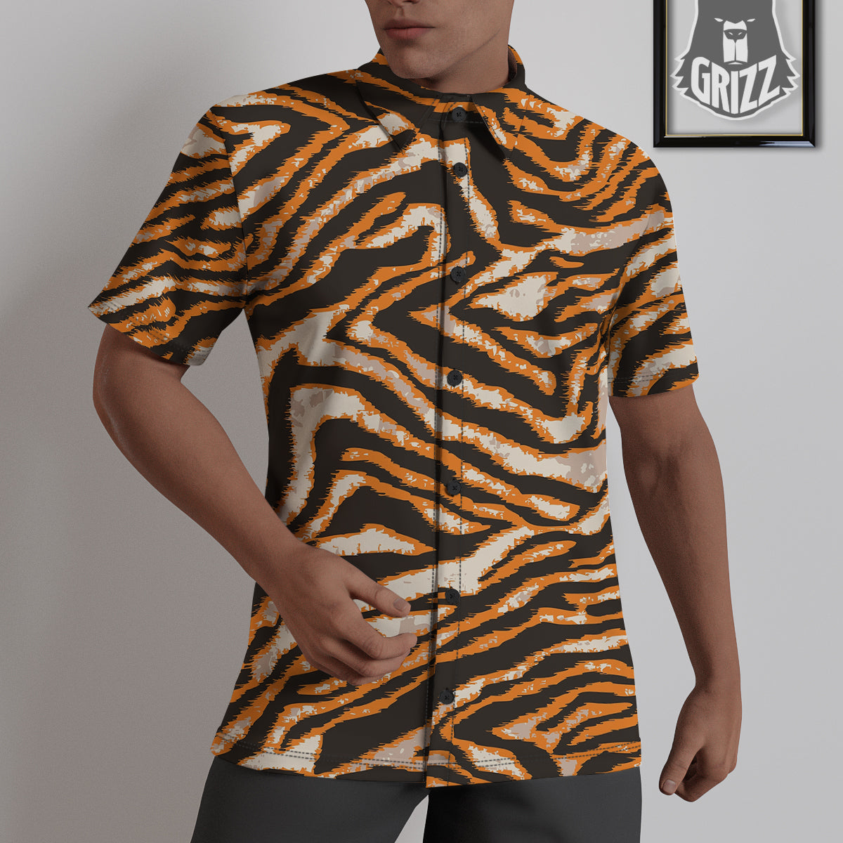 Abstract Tiger Skin Grunge Print Untucked Shirts-grizzshop