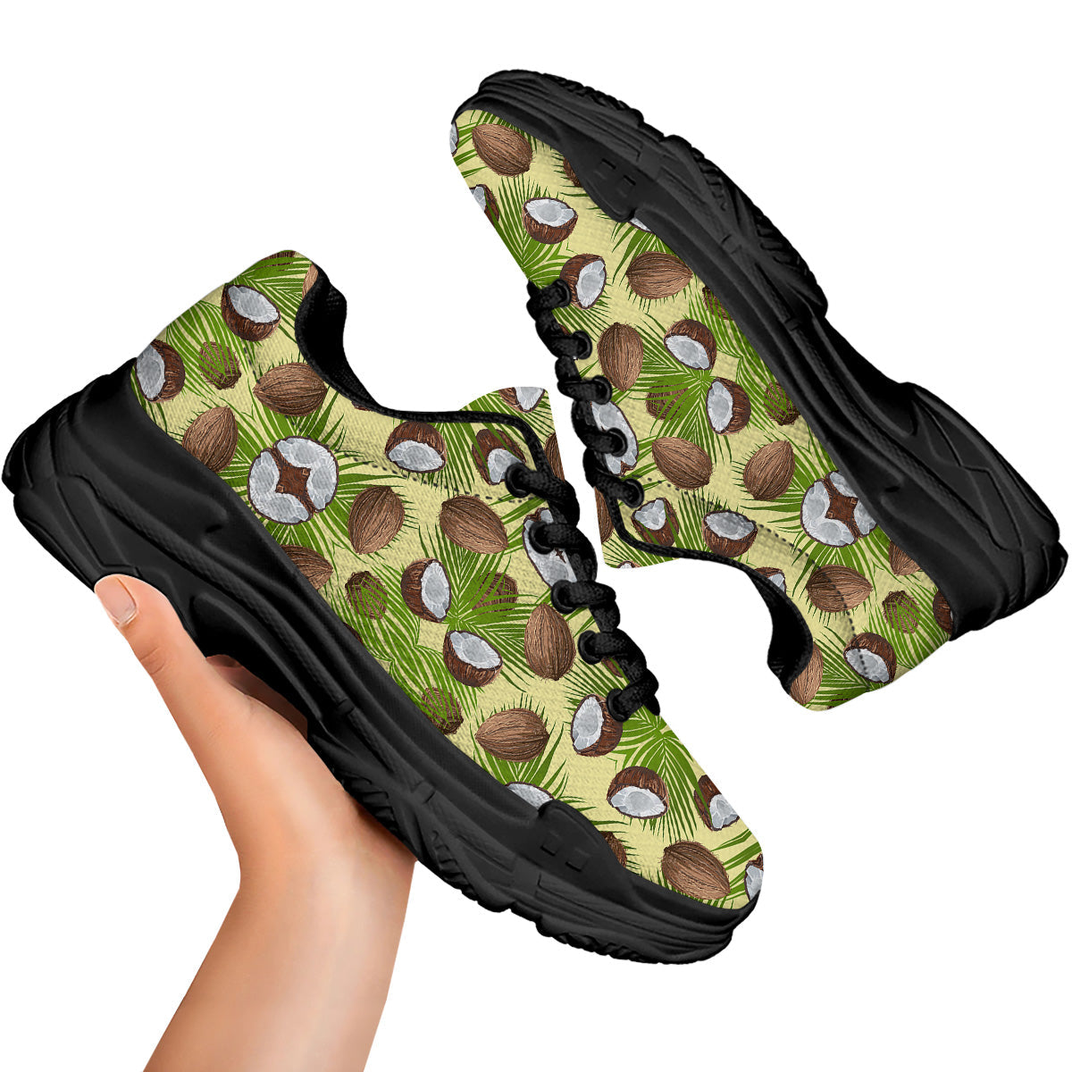Abstract Tropical Coconut Print Pattern Black Chunky Shoes-grizzshop