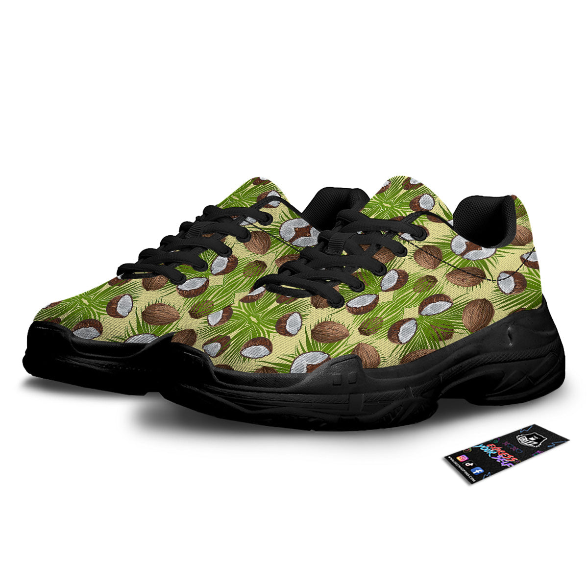 Abstract Tropical Coconut Print Pattern Black Chunky Shoes-grizzshop