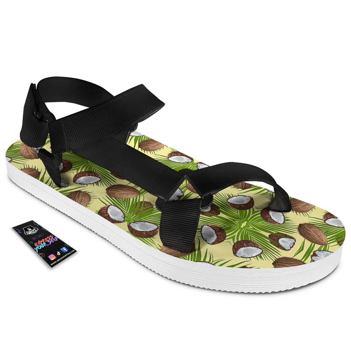 Abstract Tropical Coconut Print Pattern Black Open Toe Sandals-grizzshop