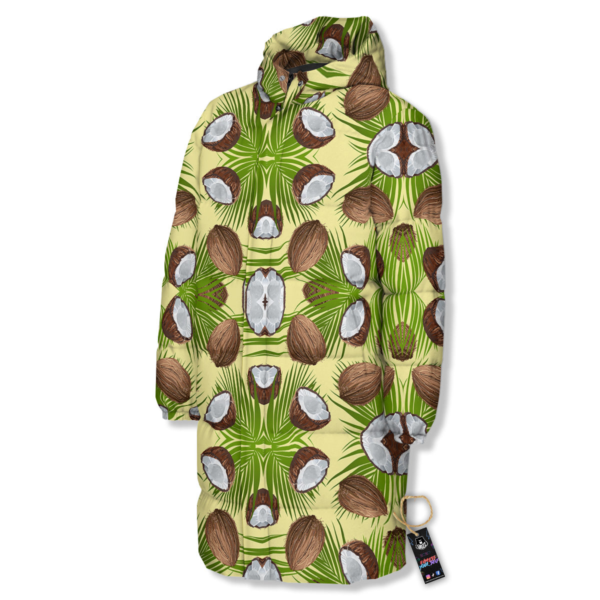 Abstract Tropical Coconut Print Pattern Long Down Jacket-grizzshop