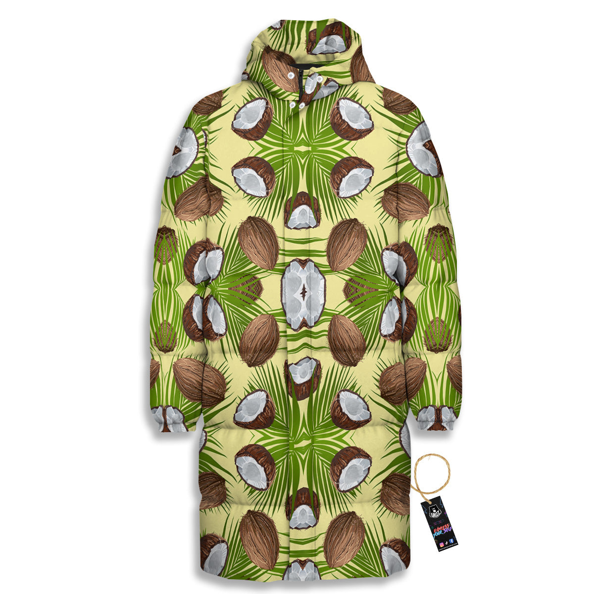 Abstract Tropical Coconut Print Pattern Long Down Jacket-grizzshop