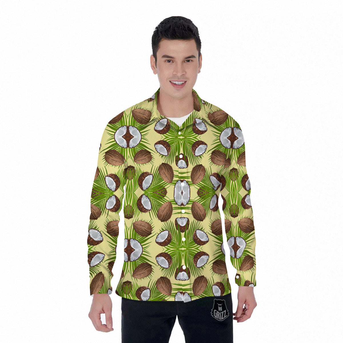 Abstract Tropical Coconut Print Pattern Men's Long Sleeve Shirts-grizzshop