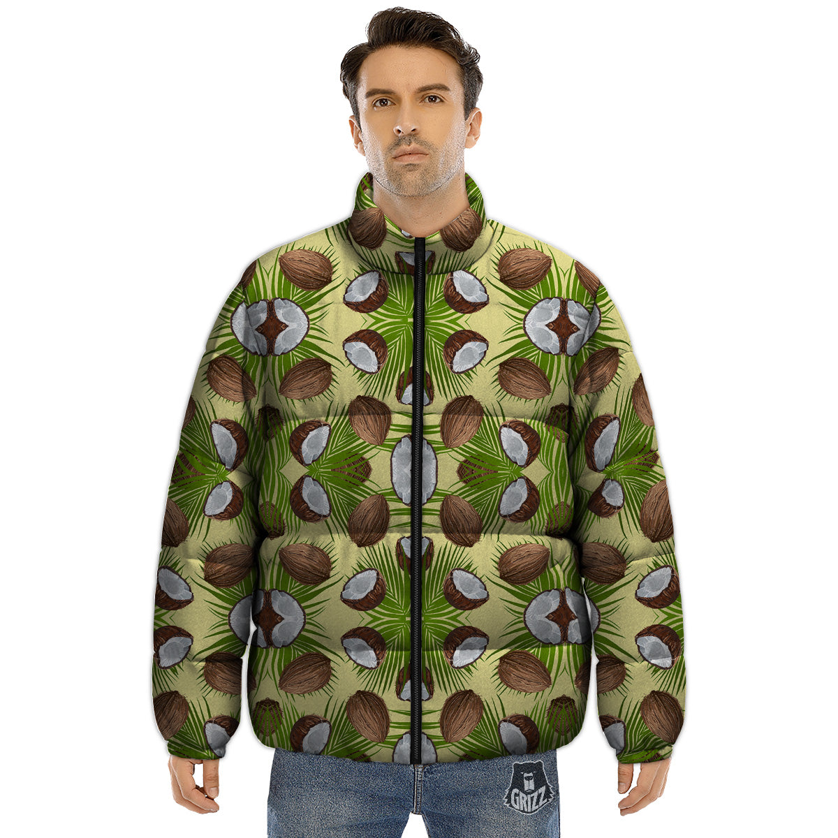 Abstract Tropical Coconut Print Pattern Puffer Jacket-grizzshop
