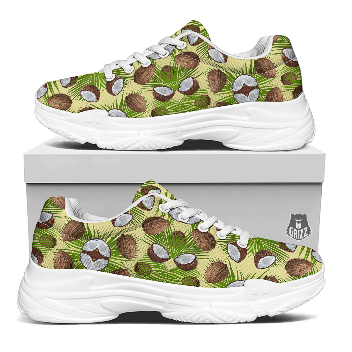 Abstract Tropical Coconut Print Pattern White Chunky Shoes-grizzshop