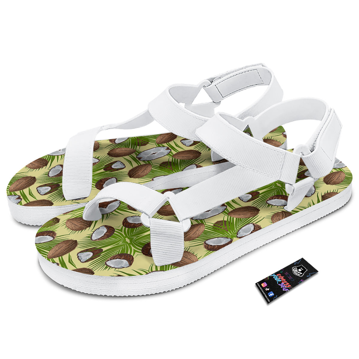 Abstract Tropical Coconut Print Pattern White Open Toe Sandals-grizzshop