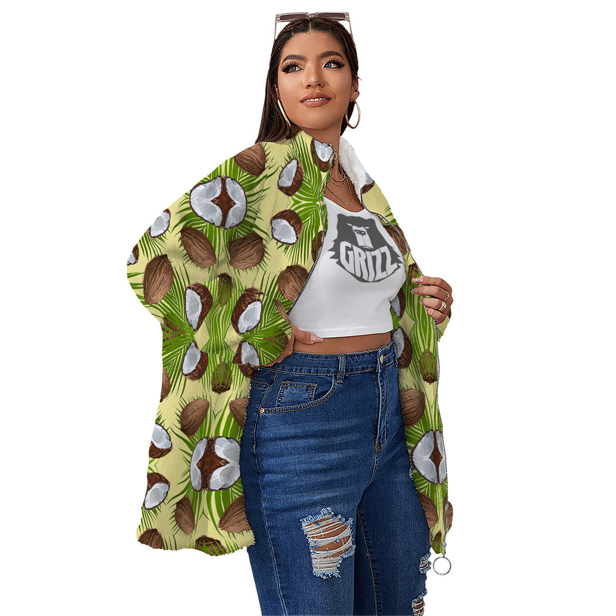 Abstract Tropical Coconut Print Pattern Women's Sherpa Jacket-grizzshop