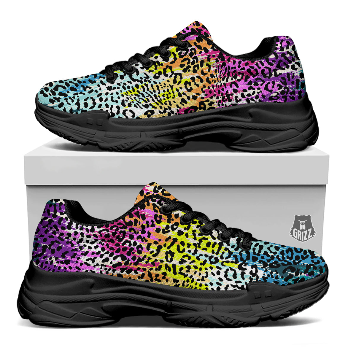 Abstract Vintage Colorful Leopard Print Black Chunky Shoes-grizzshop