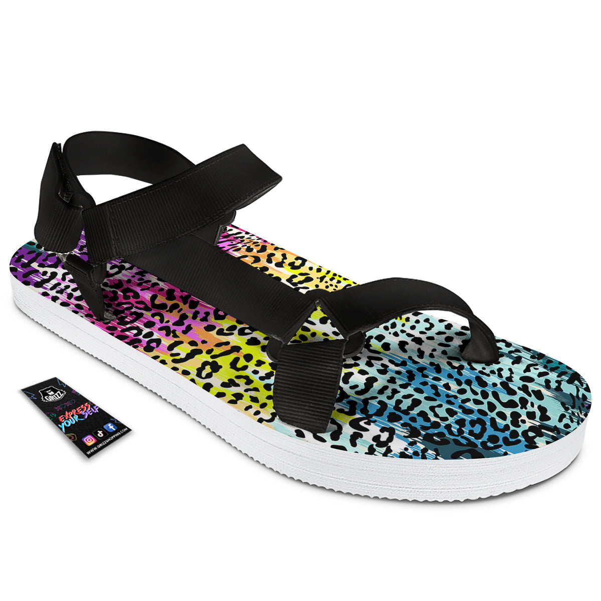 Abstract Vintage Colorful Leopard Print Black Open Toe Sandals-grizzshop