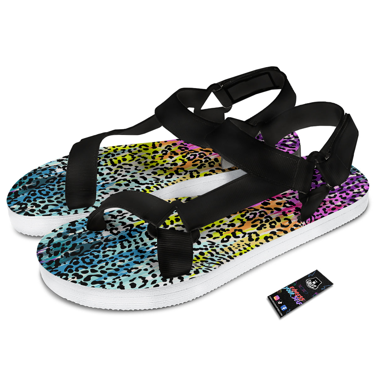 Abstract Vintage Colorful Leopard Print Black Open Toe Sandals-grizzshop
