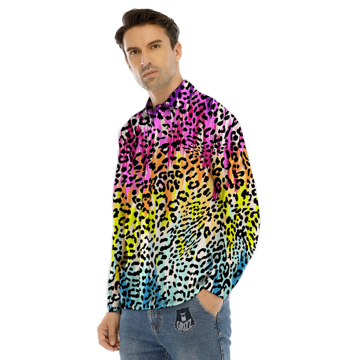 Abstract Vintage Colorful Leopard Print Men's Dress Shirts-grizzshop