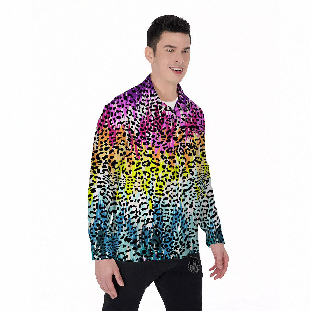 Abstract Vintage Colorful Leopard Print Men's Long Sleeve Shirts-grizzshop