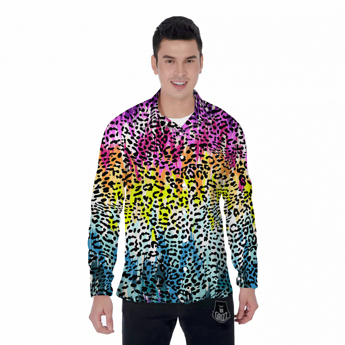 Abstract Vintage Colorful Leopard Print Men's Long Sleeve Shirts-grizzshop