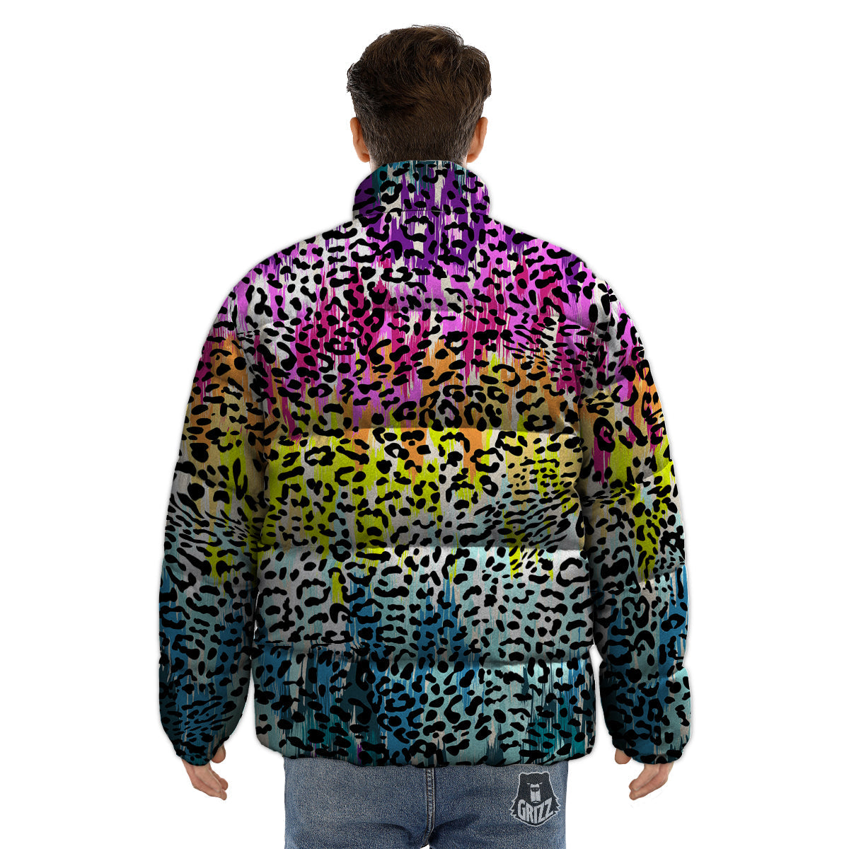 Abstract Vintage Colorful Leopard Print Puffer Jacket-grizzshop