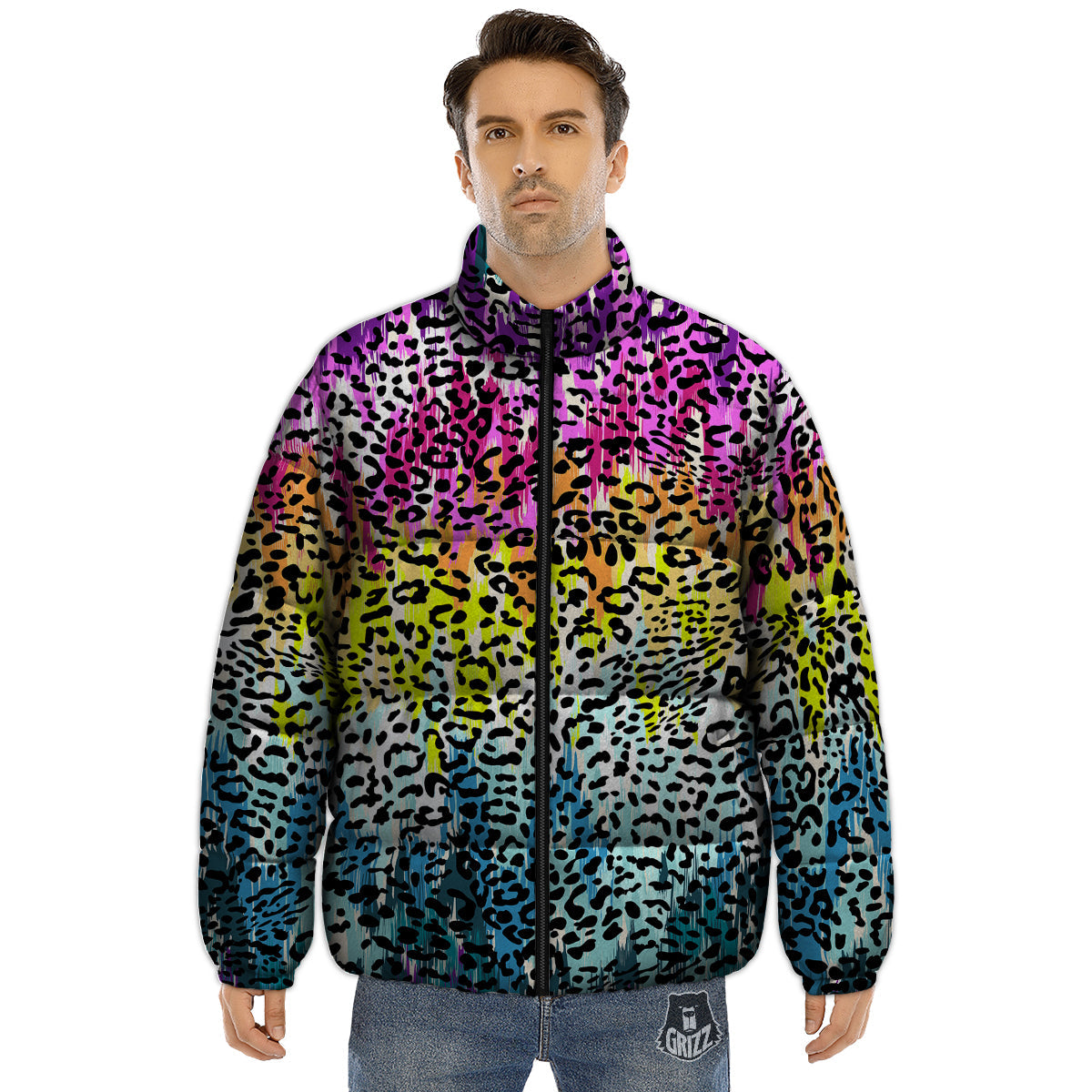 Abstract Vintage Colorful Leopard Print Puffer Jacket-grizzshop