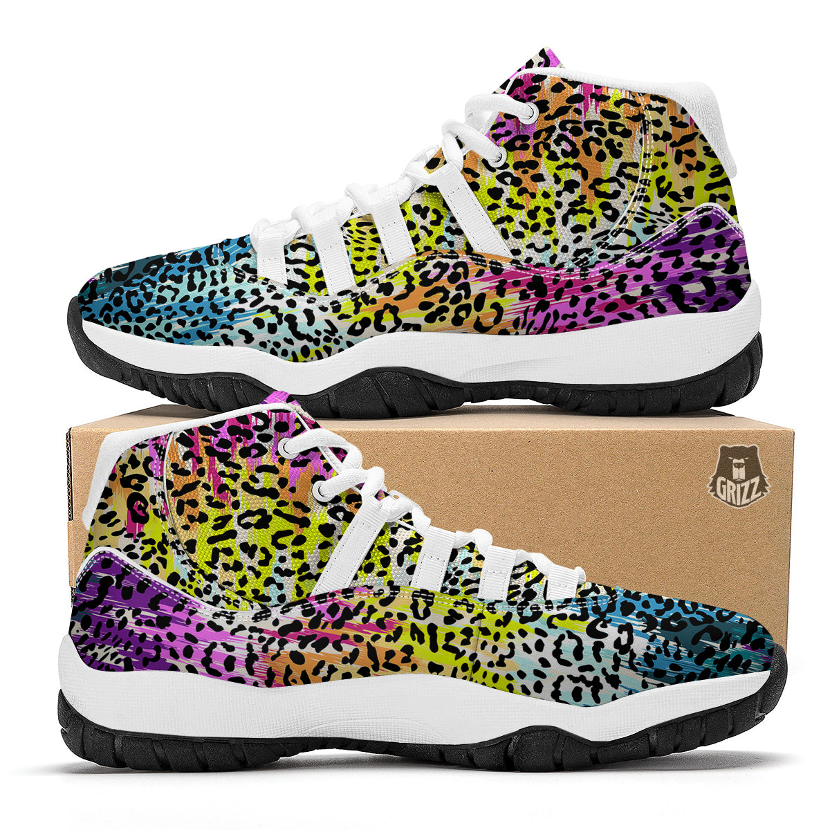 Abstract Vintage Colorful Leopard Print White Bball Shoes-grizzshop