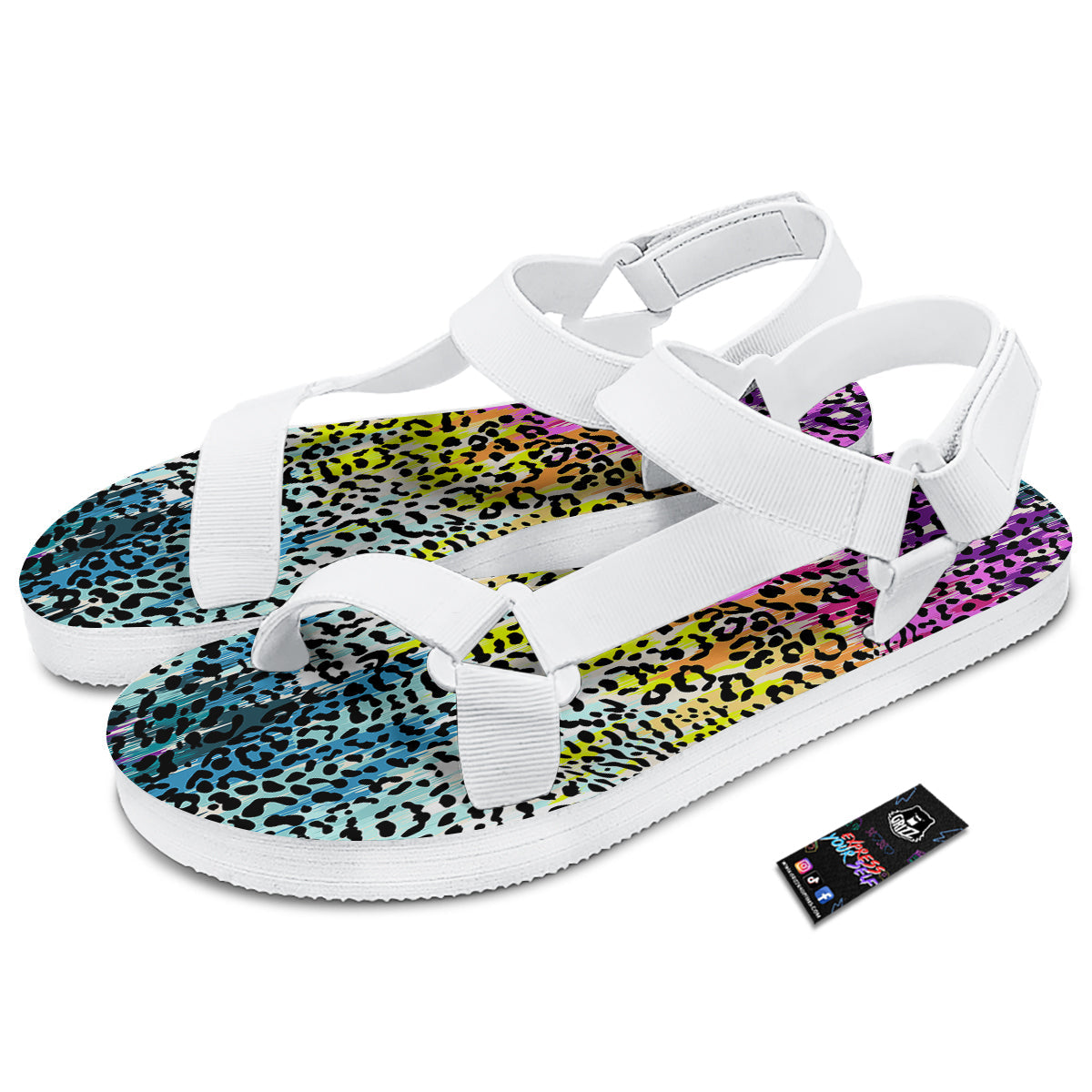 Abstract Vintage Colorful Leopard Print White Open Toe Sandals-grizzshop