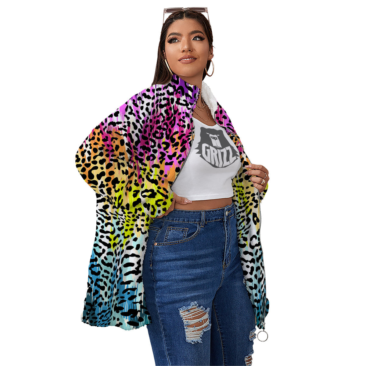 Abstract Vintage Colorful Leopard Print Women's Sherpa Jacket-grizzshop