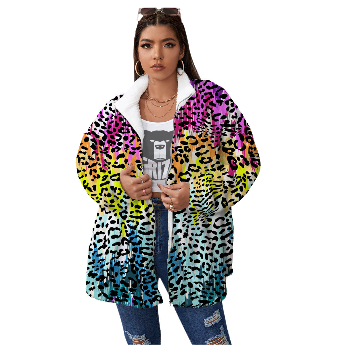 Abstract Vintage Colorful Leopard Print Women's Sherpa Jacket-grizzshop
