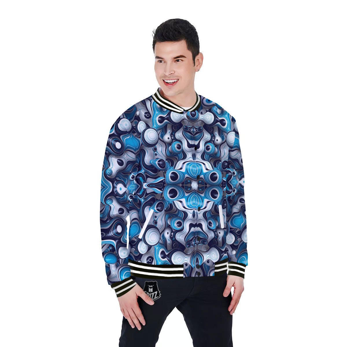 Abstract Wavy Bubbles Blue White Print Pattern Baseball Jacket-grizzshop