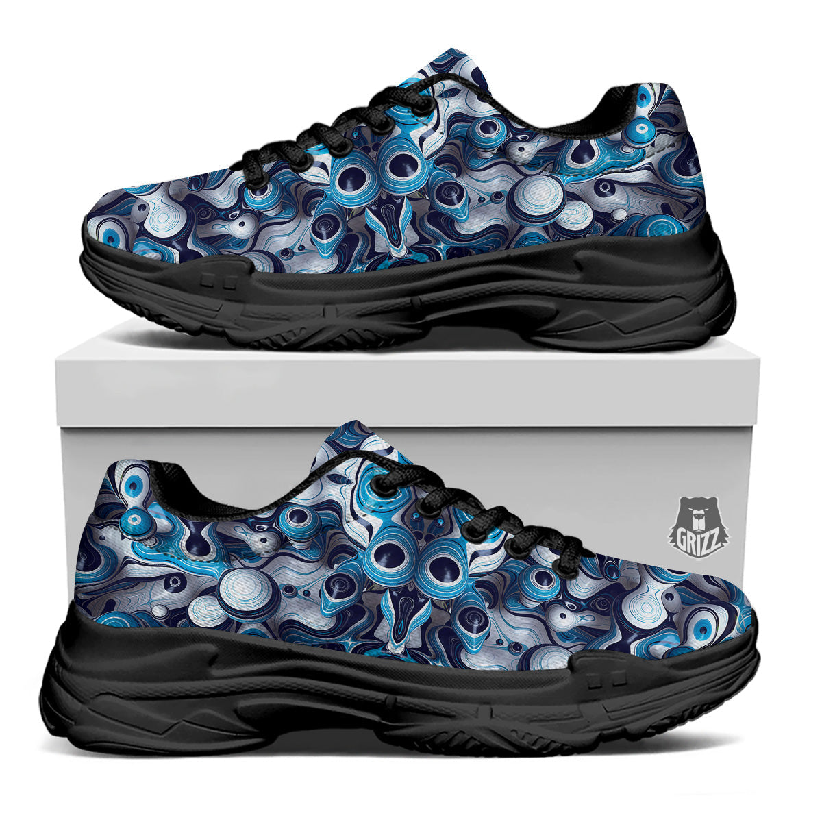 Abstract Wavy Bubbles Blue White Print Pattern Black Chunky Shoes-grizzshop