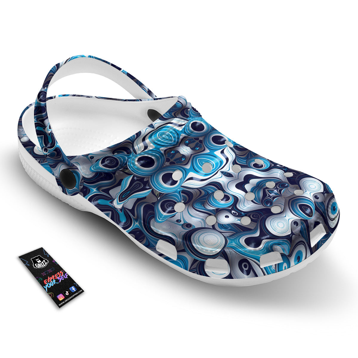 Abstract Wavy Bubbles Blue White Print Pattern Clog-grizzshop
