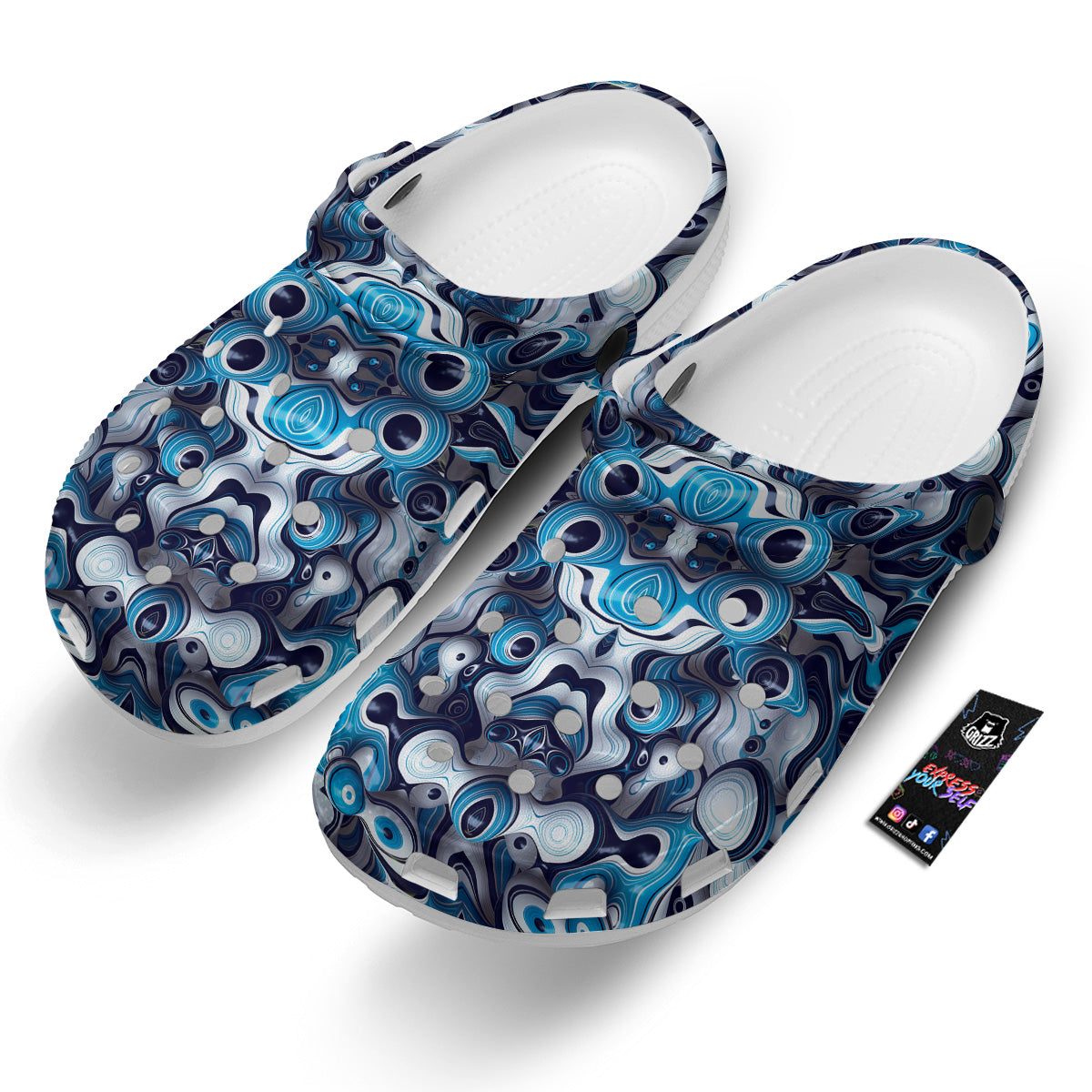 Abstract Wavy Bubbles Blue White Print Pattern Clog-grizzshop