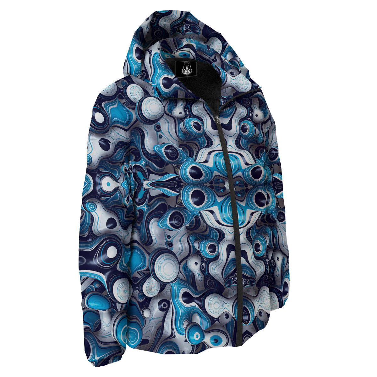 Abstract Wavy Bubbles Blue White Print Pattern Down Jacket-grizzshop