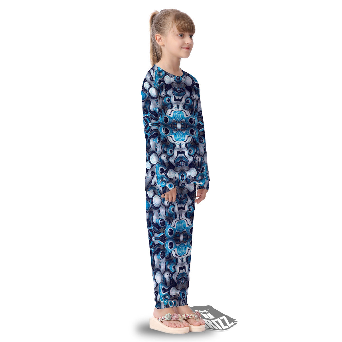 Abstract Wavy Bubbles Blue White Print Pattern Kid's Pajamas-grizzshop