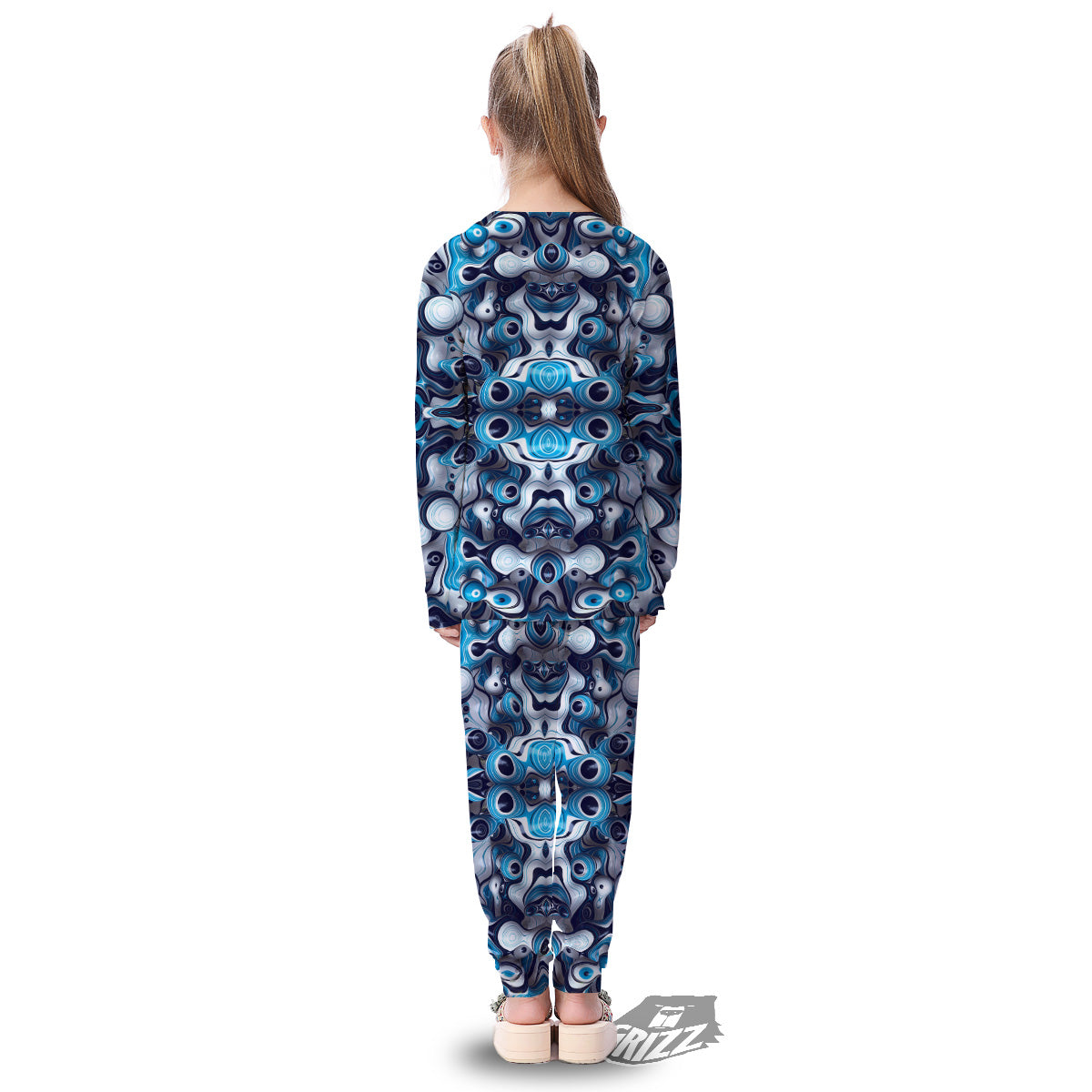 Abstract Wavy Bubbles Blue White Print Pattern Kid's Pajamas-grizzshop