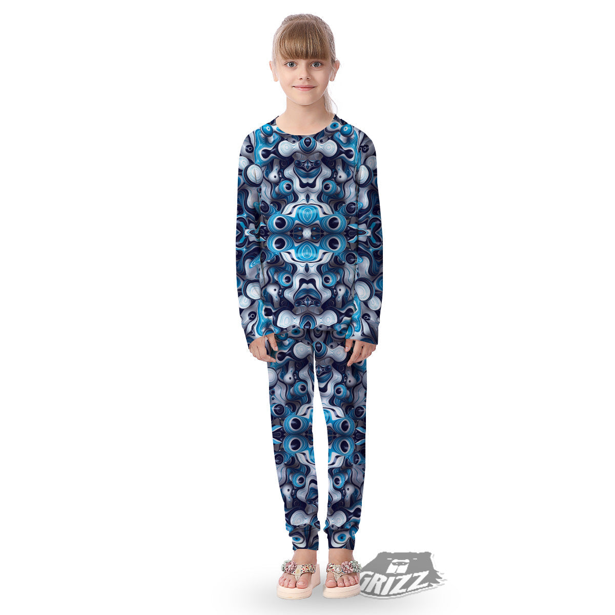 Abstract Wavy Bubbles Blue White Print Pattern Kid's Pajamas-grizzshop