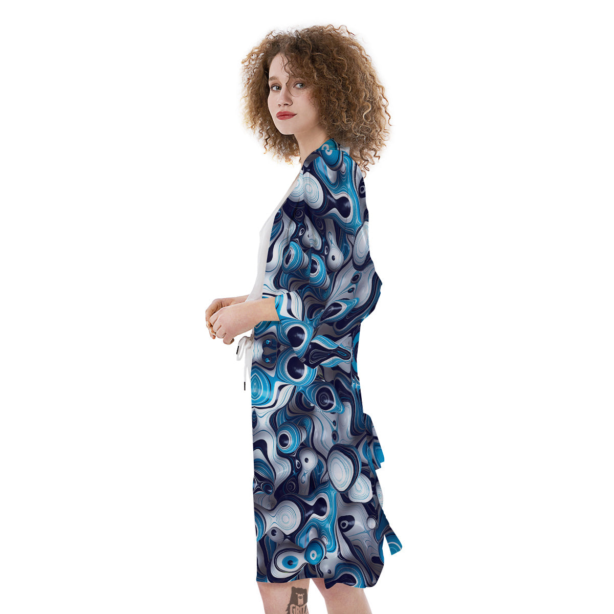 Abstract Wavy Bubbles Blue White Print Pattern Kimono-grizzshop
