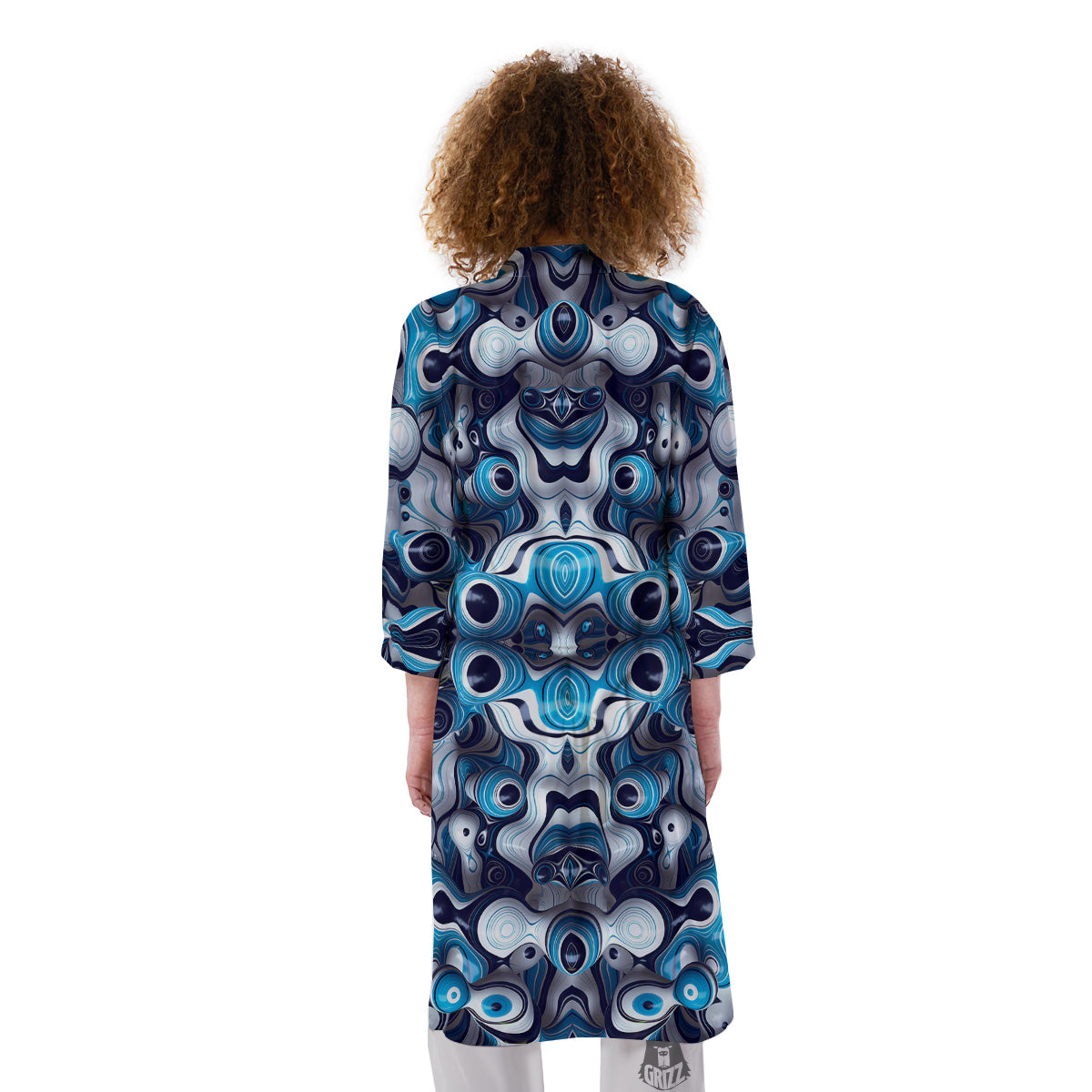 Abstract Wavy Bubbles Blue White Print Pattern Kimono-grizzshop
