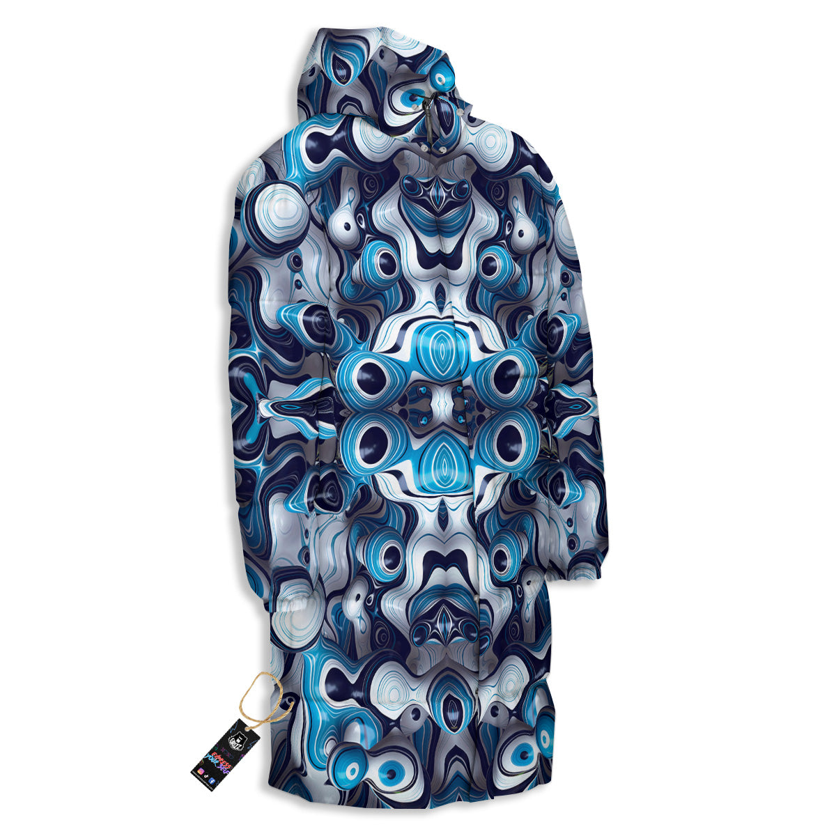 Abstract Wavy Bubbles Blue White Print Pattern Long Down Jacket-grizzshop