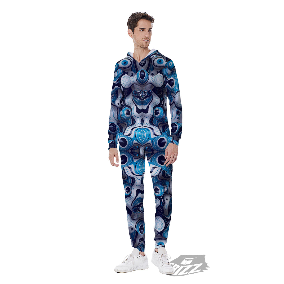 Abstract Wavy Bubbles Blue White Print Pattern Men's Jumpsuit-grizzshop