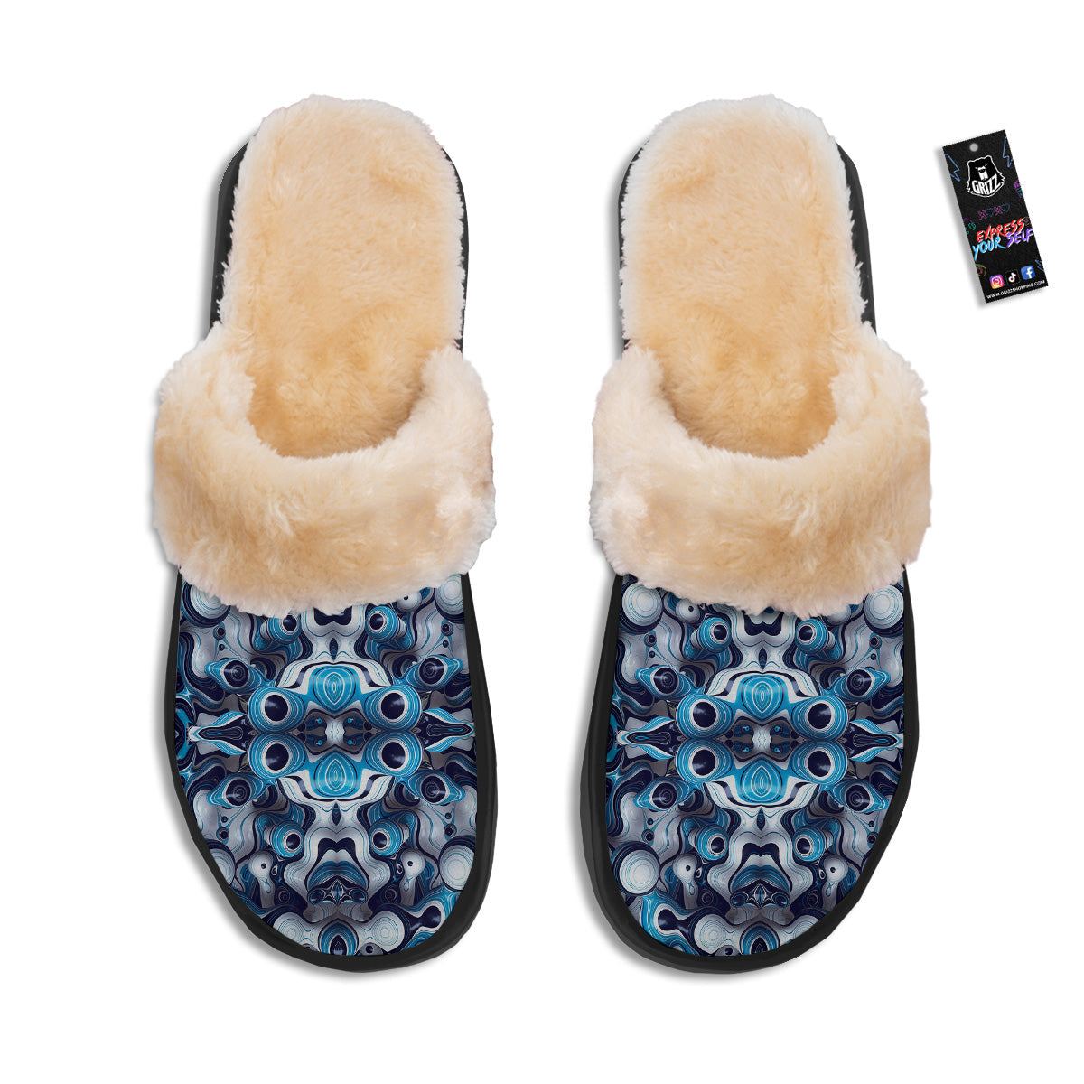 Abstract Wavy Bubbles Blue White Print Pattern Slippers-grizzshop